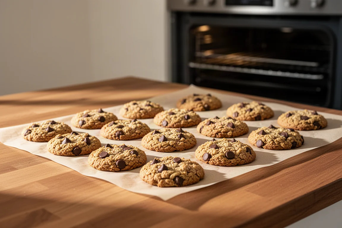 Freshly baked oatmeal cookies cooling on a kitchen counter