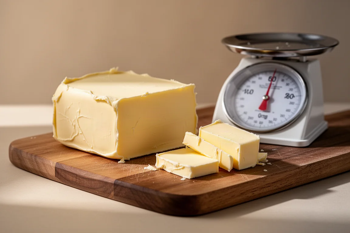 Cold blocks of butter being portioned on a wooden board