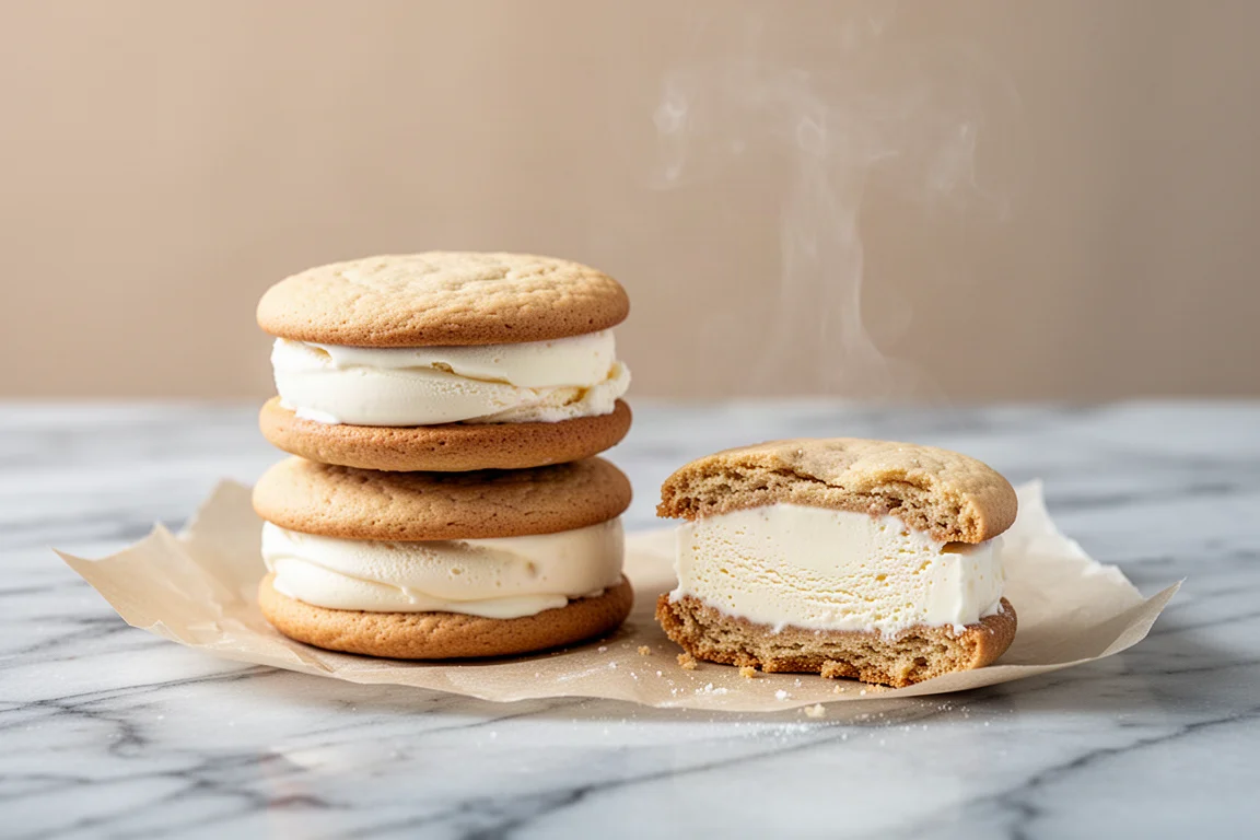 Homemade ice cream sandwiches stacked on parchment paper