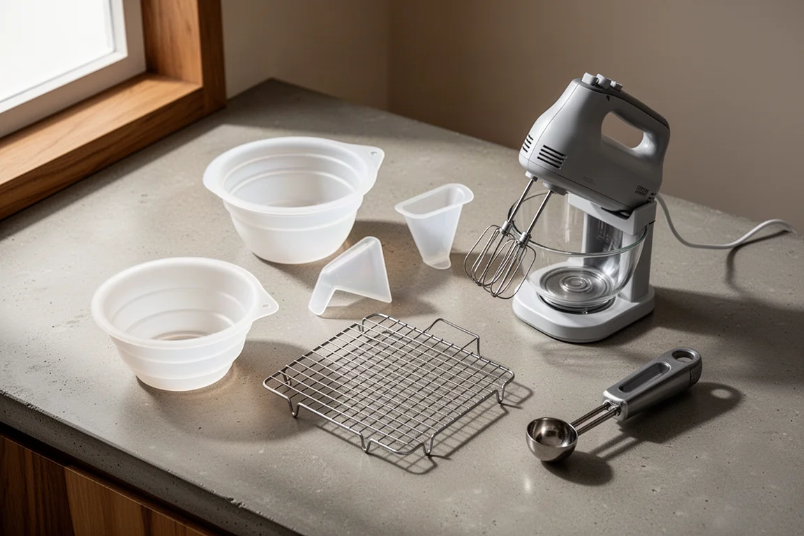 Collection of small kitchen gadgets arranged on a concrete countertop