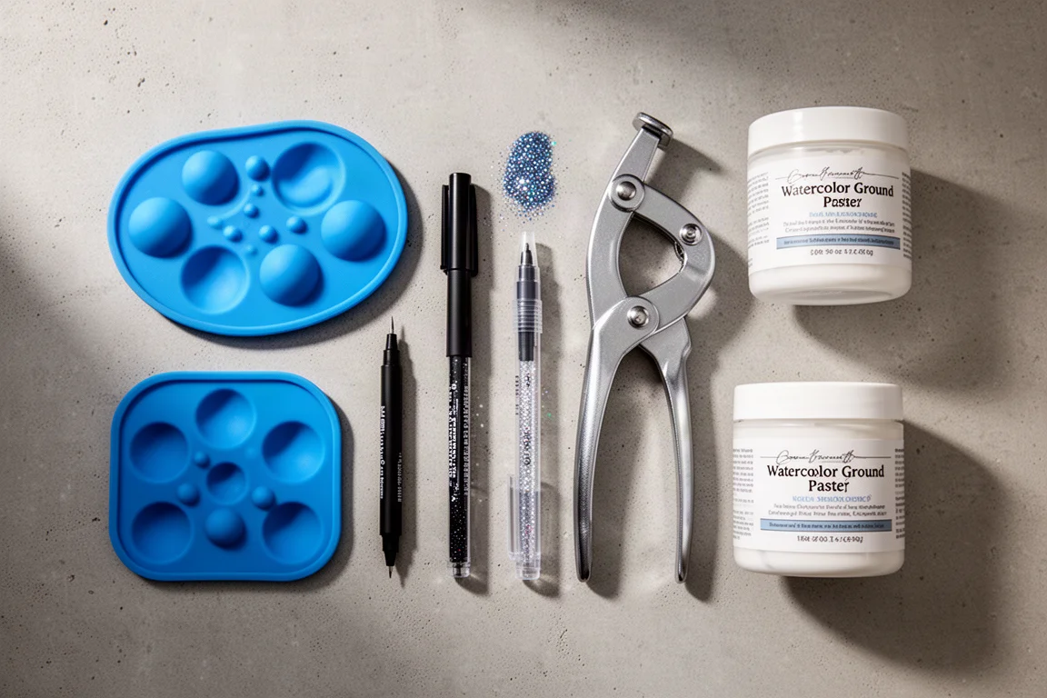 Flat-lay of viral art supplies including silicone brush cleaner, fineliner, glitter pens, tube squeezer and watercolor ground