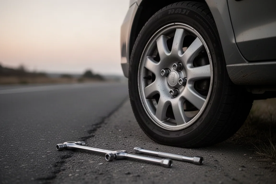 路邊一辆汽車車輪連輪胎螺母,旁邊放置一把手動工具