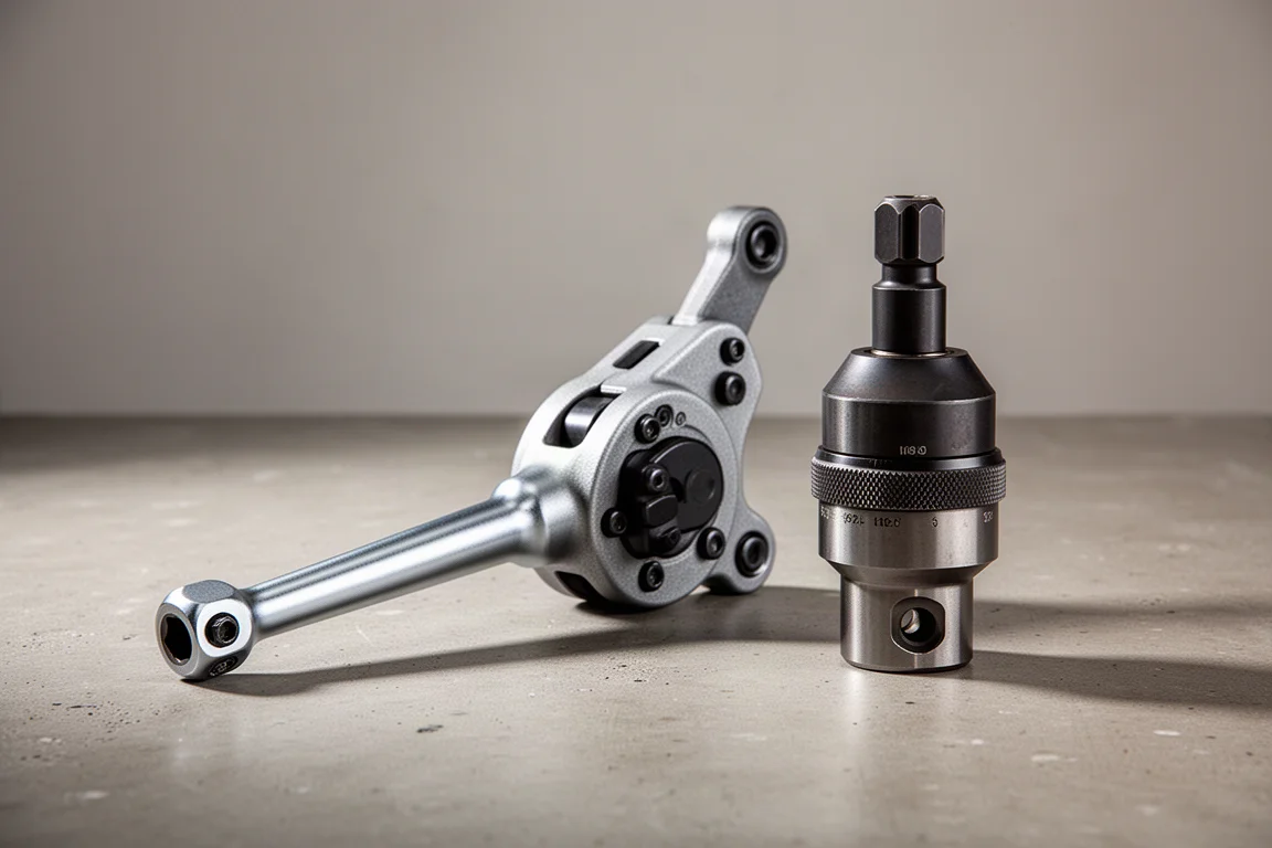 Torque multiplier wrench and drill impact adapter side by side on concrete