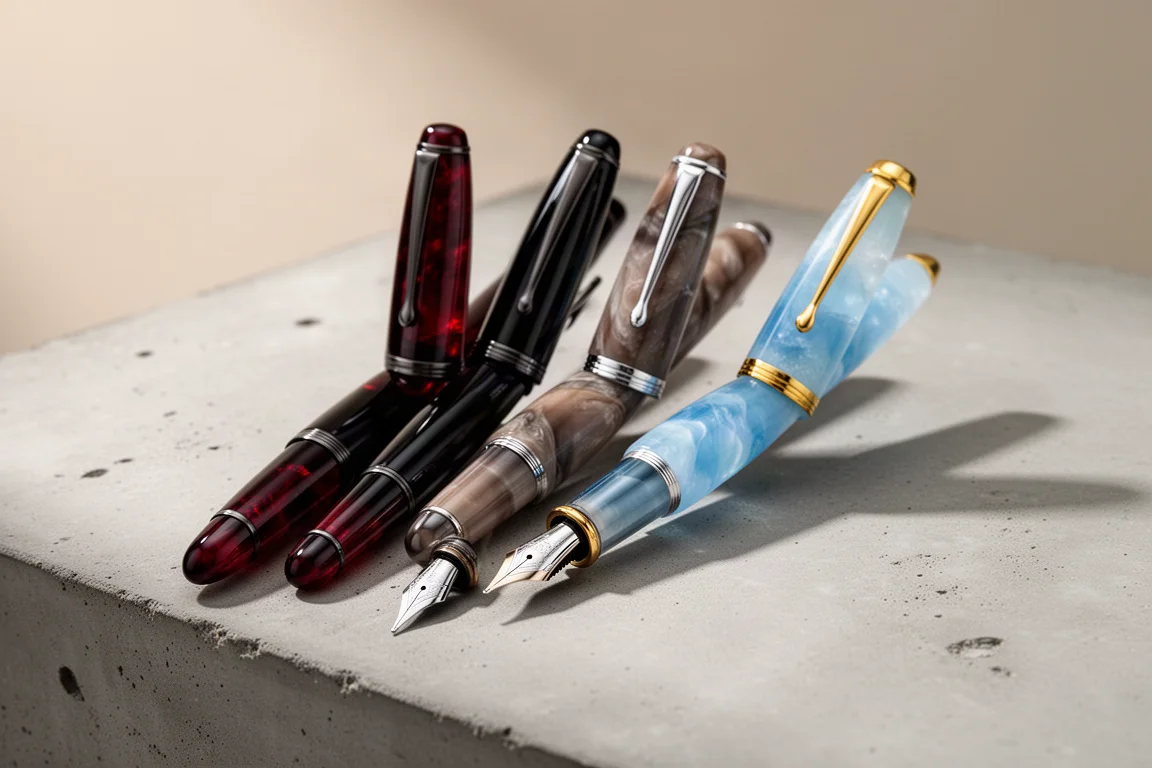 Three Visconti Comedia fountain pens in black, brown-gray, and sky blue on a concrete surface