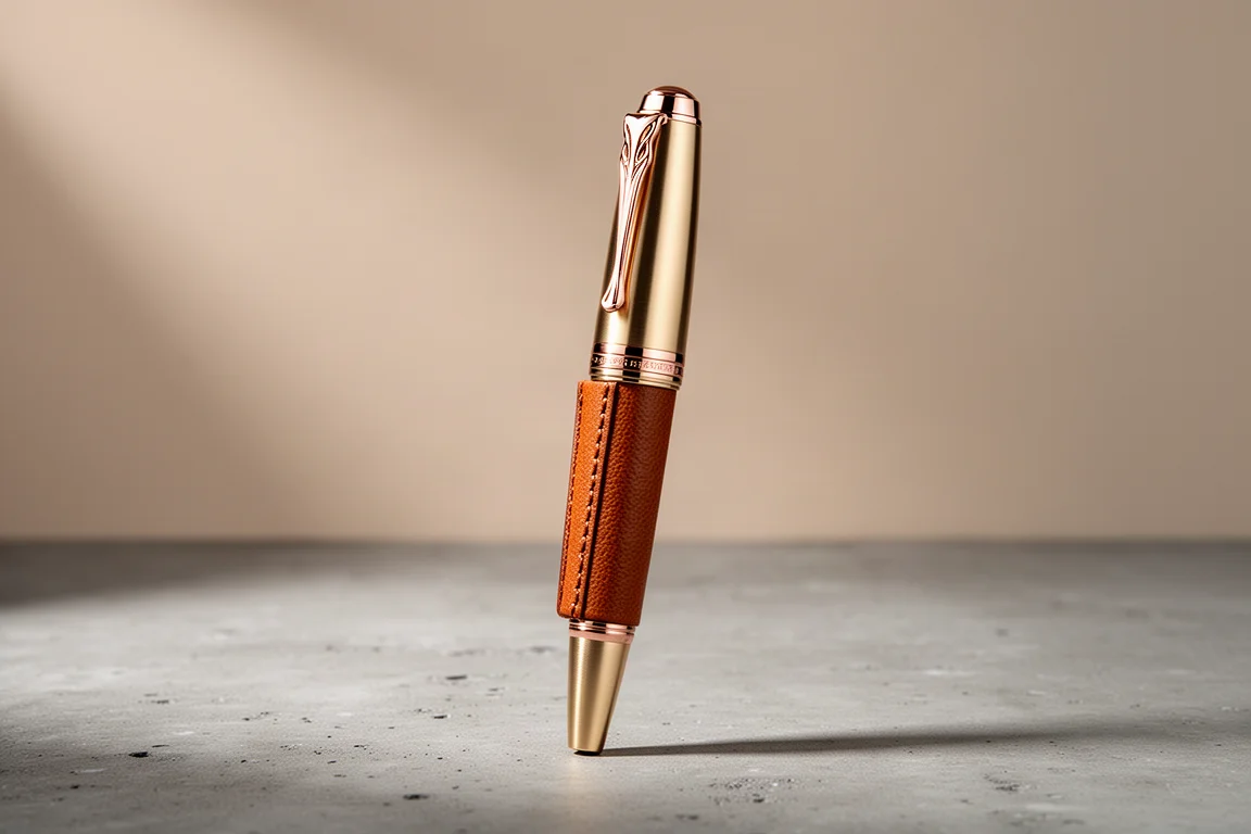 Leather-wrapped luxury fountain pen with rose gold bands on concrete surface