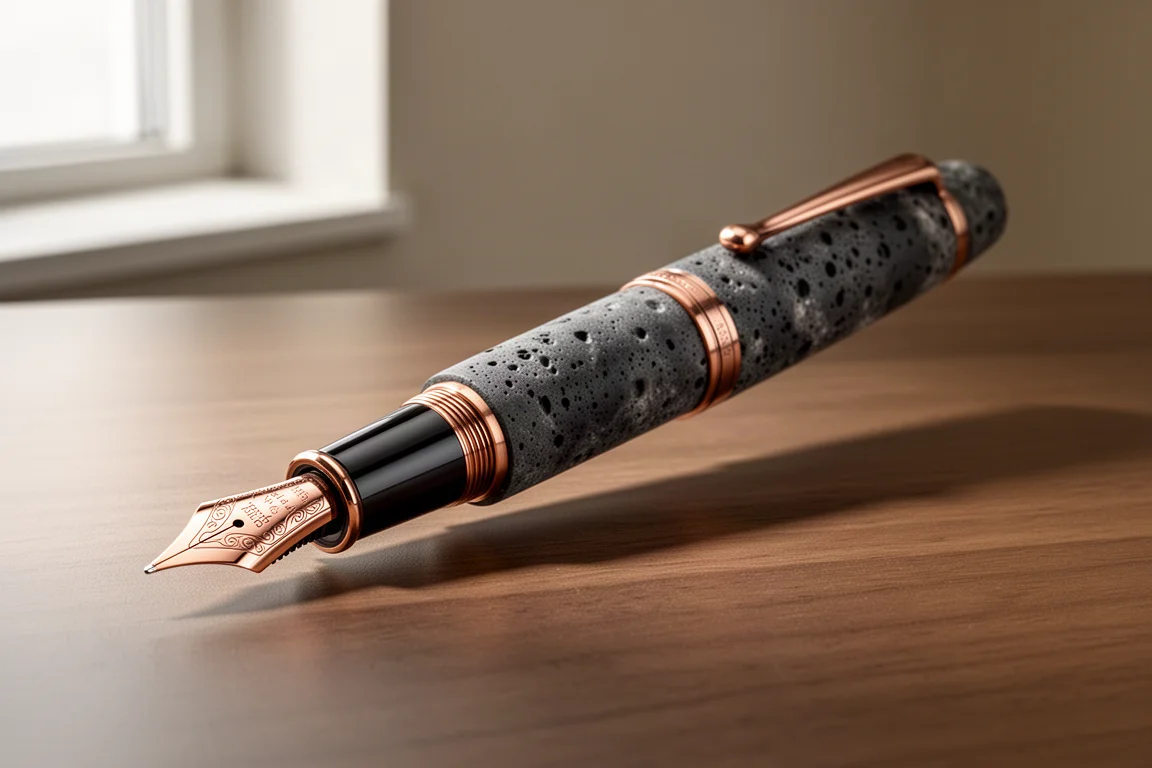 Large fountain pen with dark porous barrel, bronze trim and rose gold nib on a wooden desk