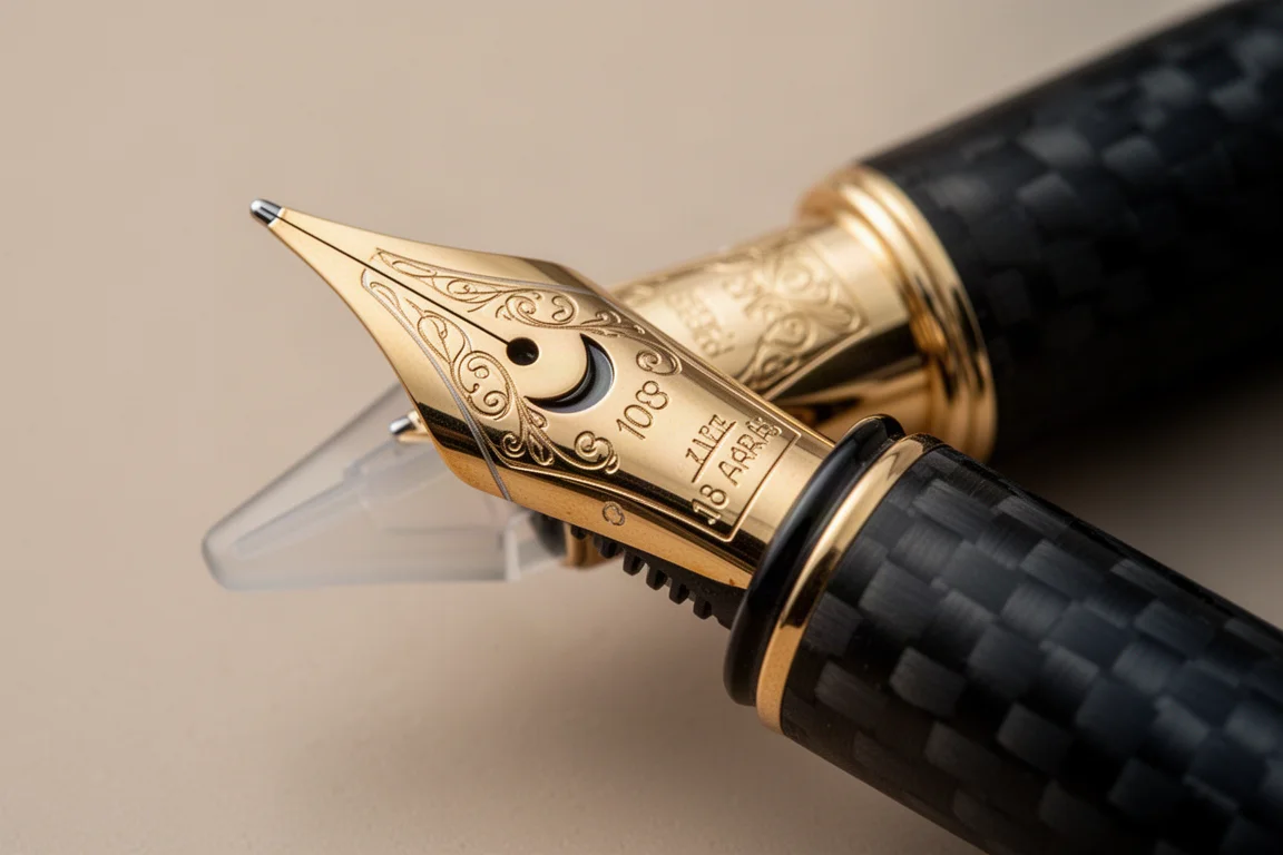 Pluma de oro amarillo de 18k con respiradero en forma de creciente en una pluma estilográfica