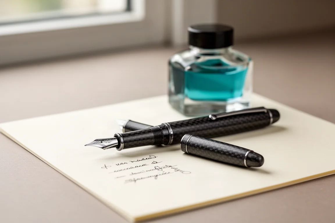 Pluma estilográfica apoyada en un escritorio junto a un tintero durante la escritura