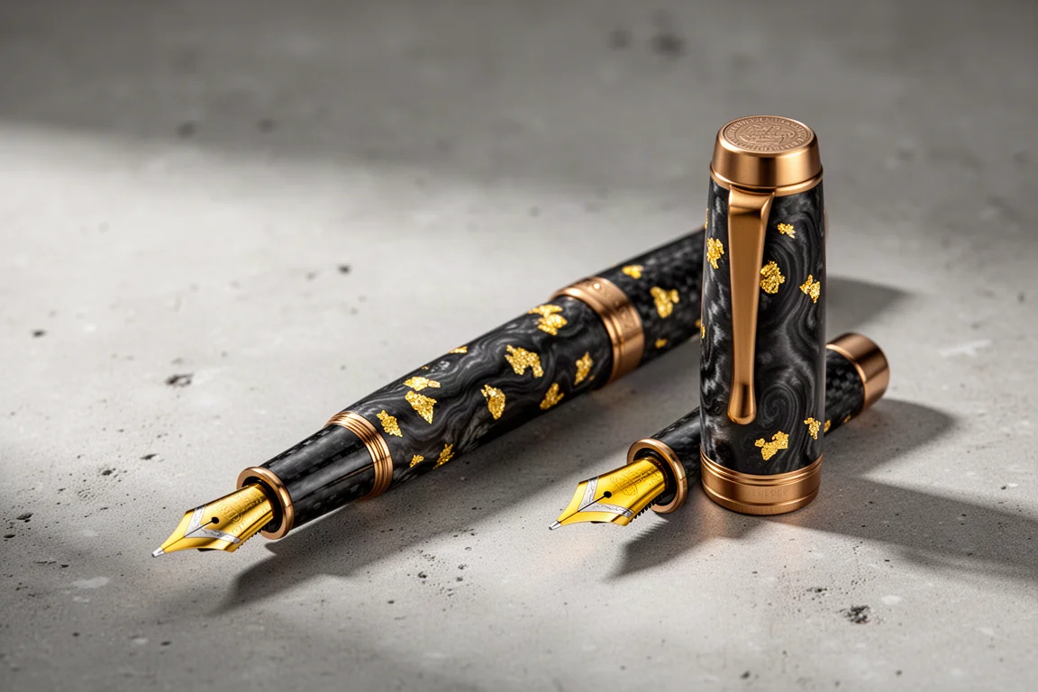 Luxury fountain pen with forged carbon fiber barrel and gold leaf shimmering in the light