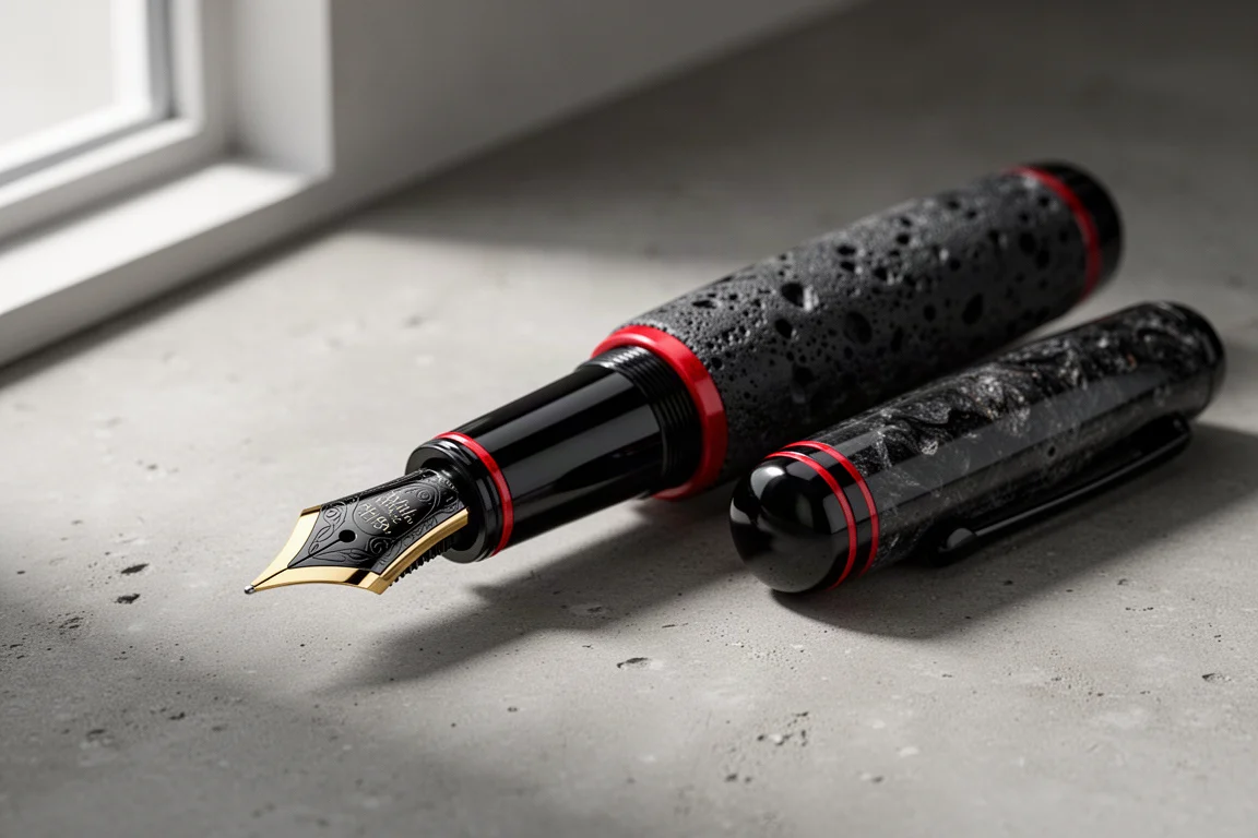 Visconti Homo Sapiens Magma 鋼筆，深色熔岩筆身搭配黑色鍍金筆尖