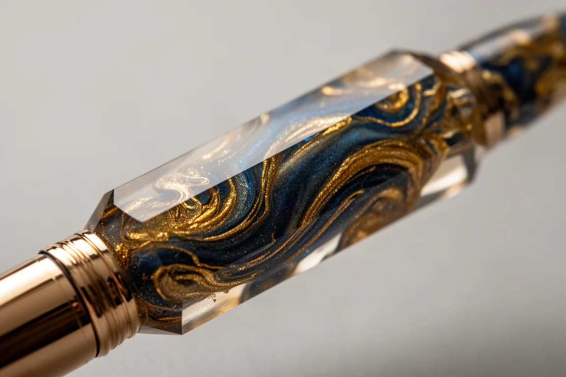 Fusto marmoreo blu oro di una penna stilografica con profilo ottagonale sfaccettato