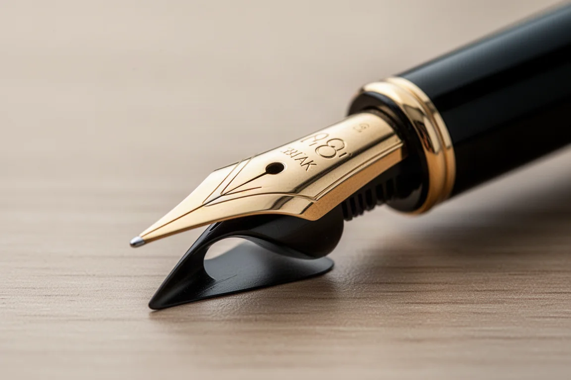 Punta e alimentatore curvo di una penna stilografica in primo piano su una scrivania