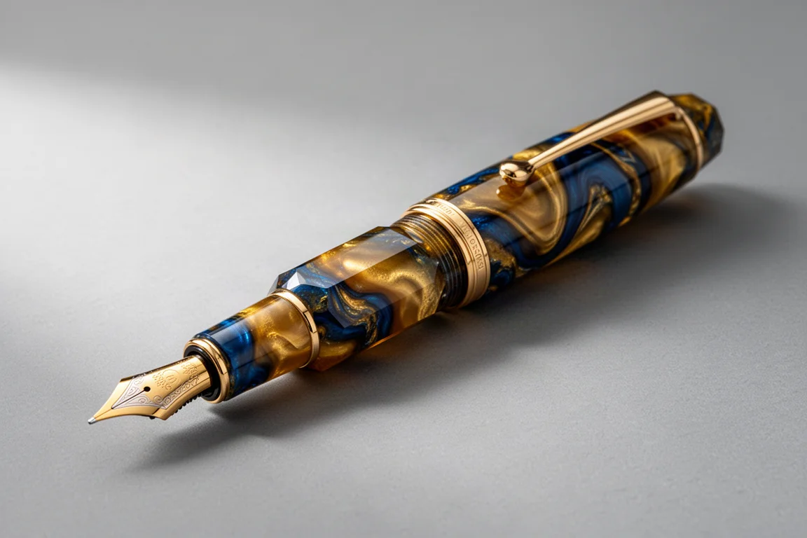 Visconti Medici golden blue fountain pen with gold stub nib on grey backdrop