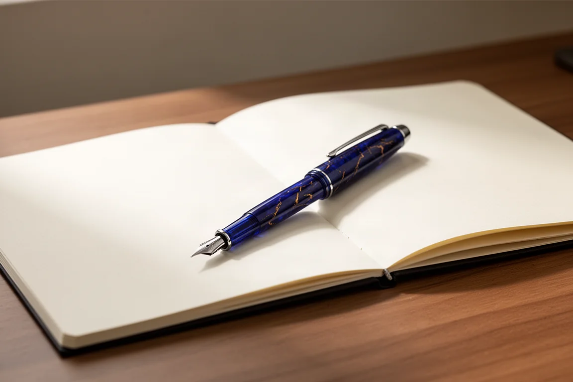 Penna stilografica in acrilico blu profondo con dettagli bronzei appoggiata su una scrivania accanto a un quaderno aperto