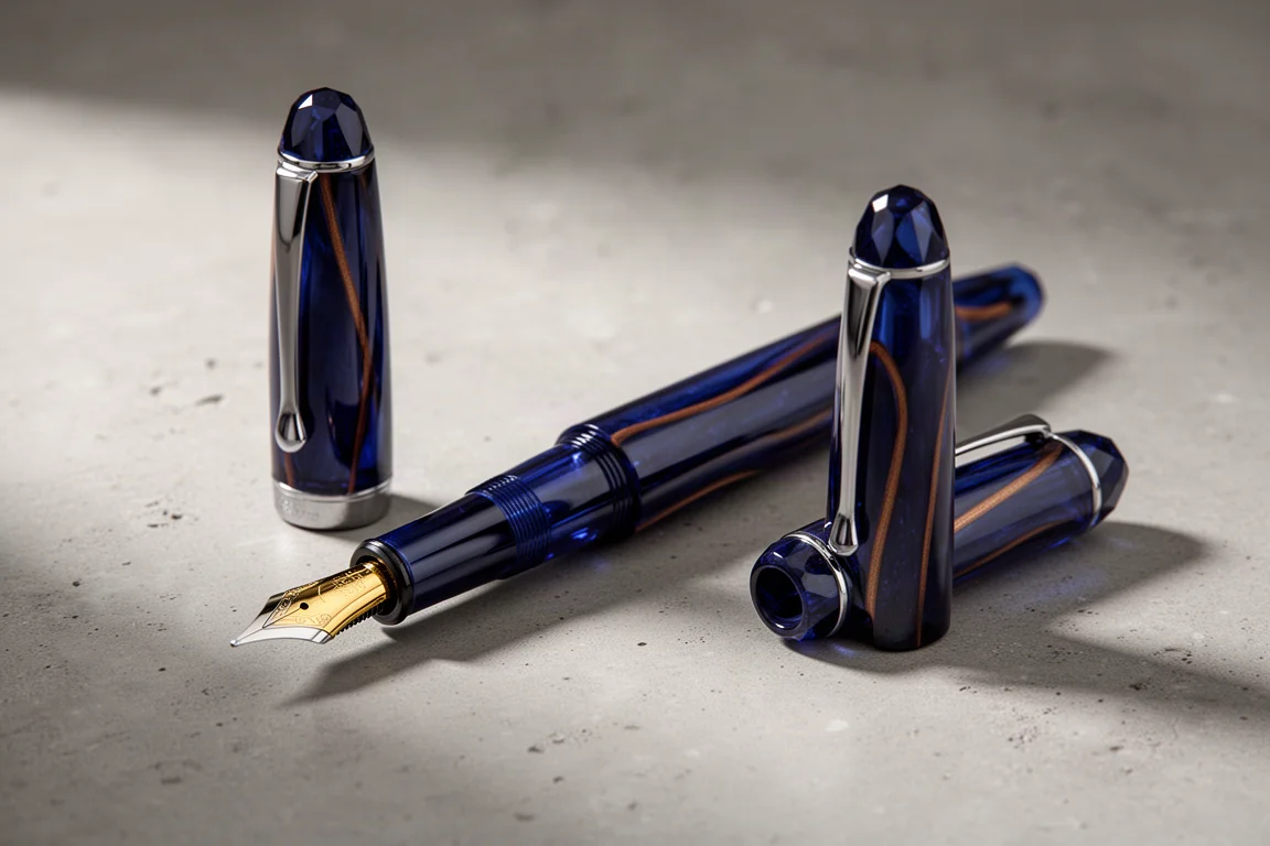 Deep blue Visconti Mirage Mythos fountain pen uncapped on a concrete surface