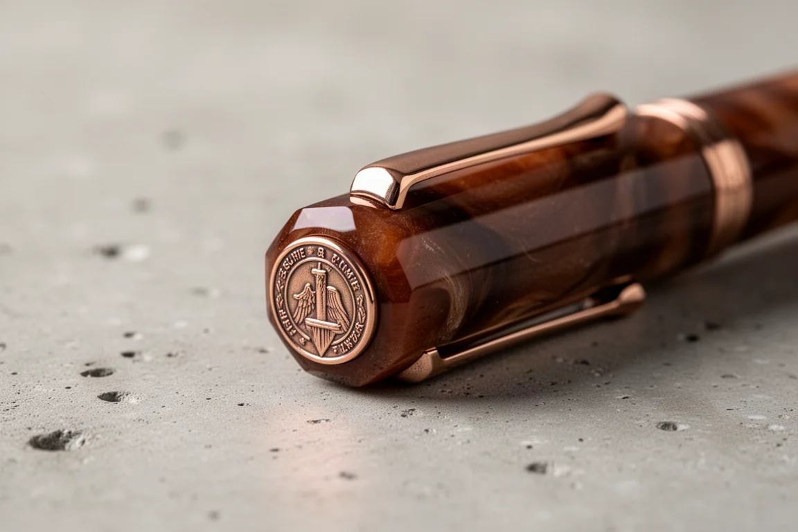 Primo piano del tappo di una penna stilografica con chiusura magnetica e medaglione in bronzo