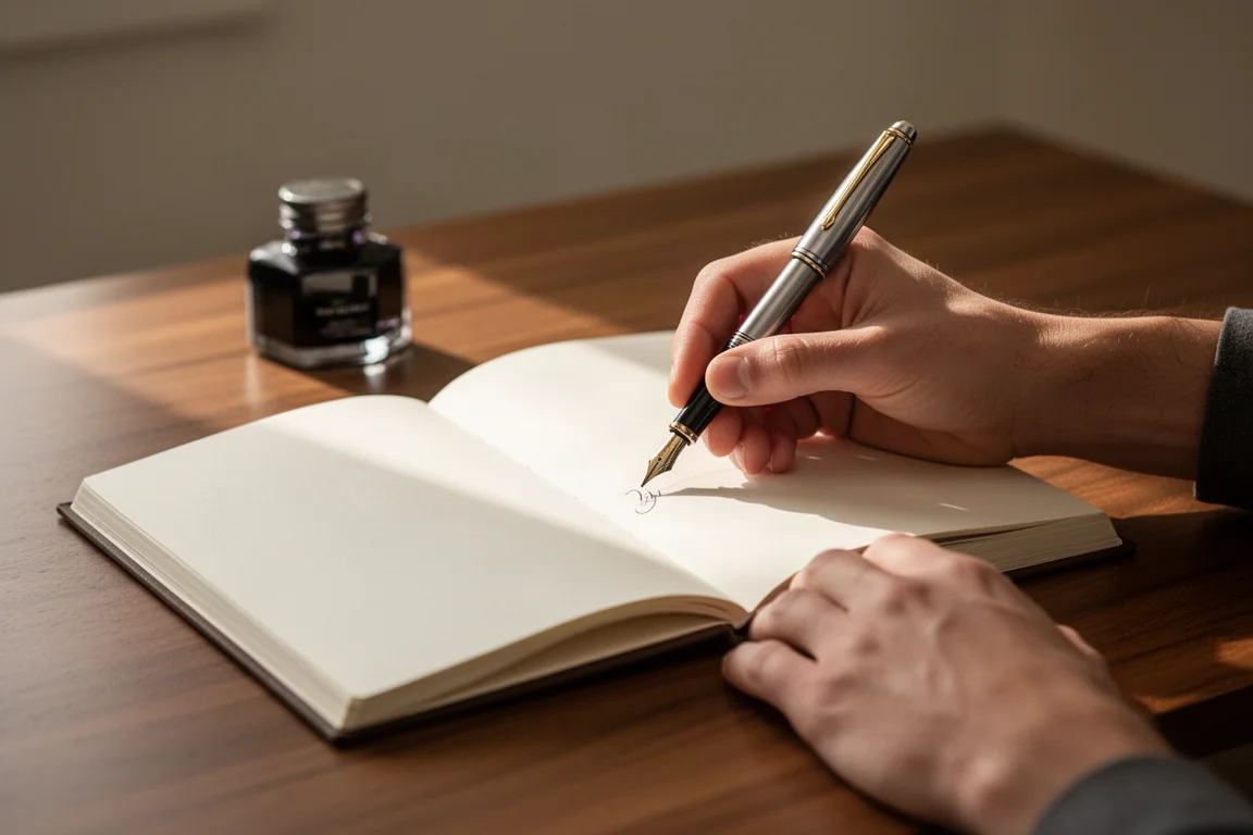 Mani che scrivono un diario con una stilografica su una scrivania in legno