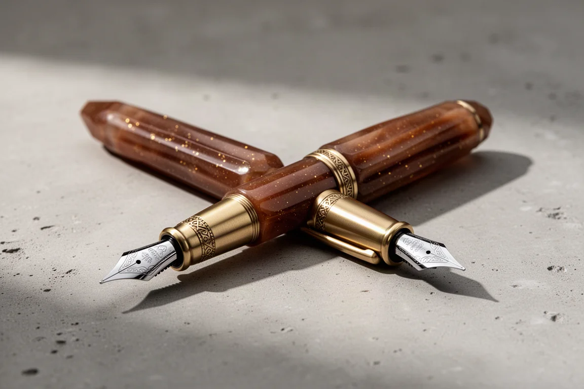 Brown fluted resin fountain pen with brass grip and ornate nib on concrete