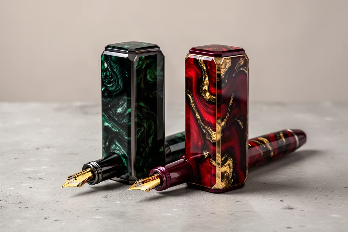 Visconti Opera Master Essence Stargazer 與 Firestorm 鋼筆並排放置於水泥面上