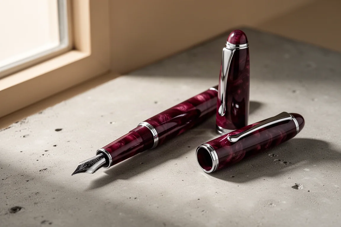 Bordeaux resin fountain pen with curved clip and dark steel nib on concrete