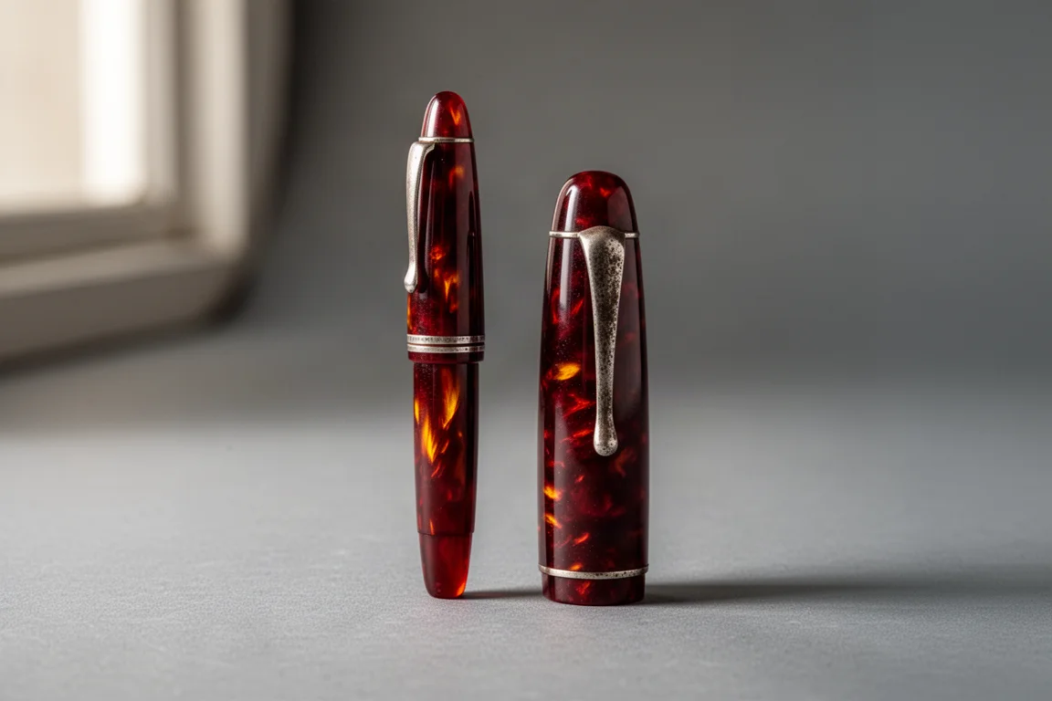 Small red celluloid fountain pen with silver clip standing on a grey backdrop