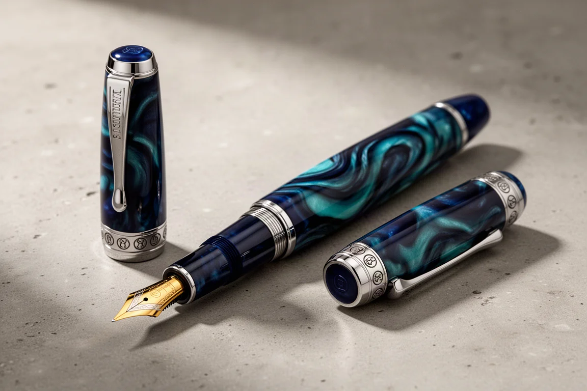 Visconti Voyager Del Mar fountain pen in blue swirl acrylic with palladium trim on concrete
