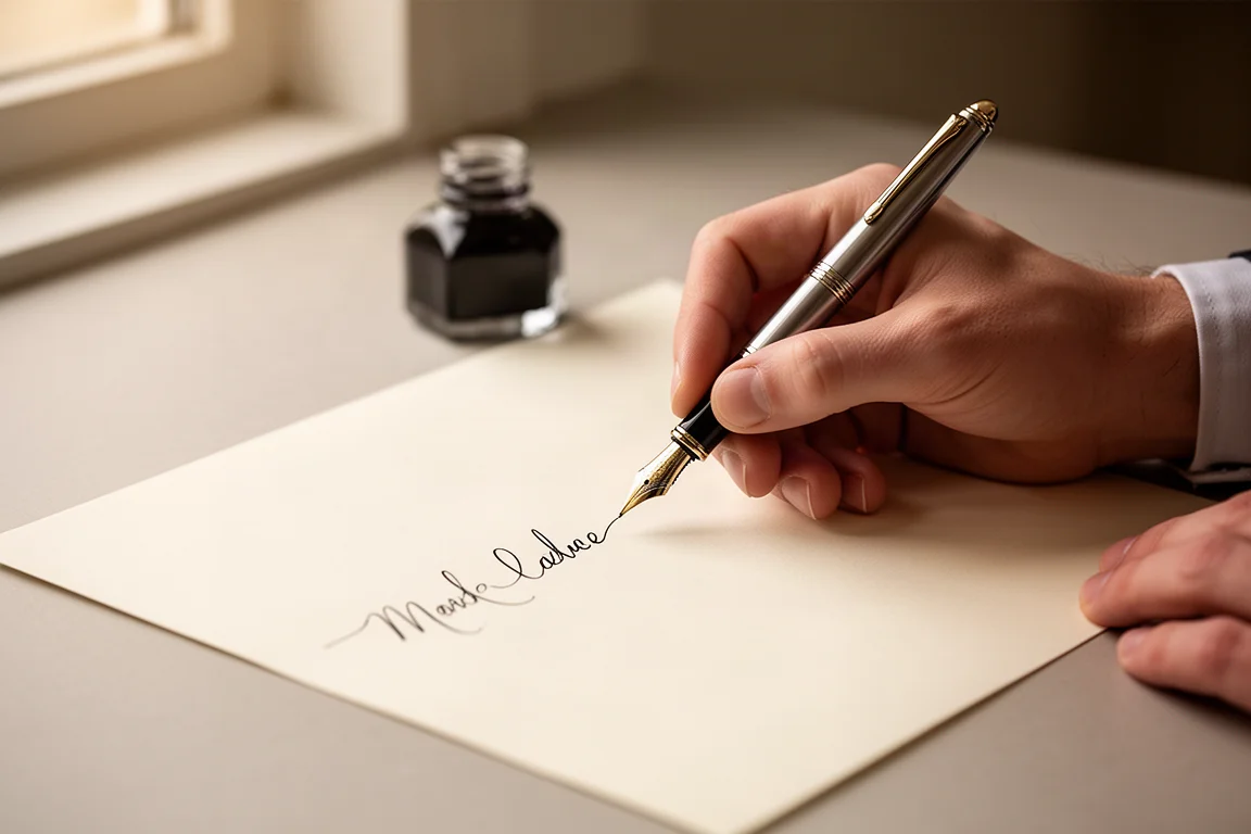 Mão de escritor escrevendo com uma caneta-tinteiro em papel creme