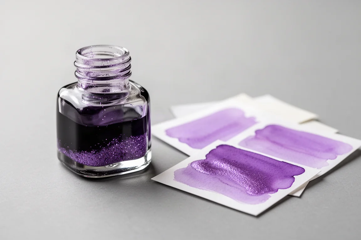 Frasco de tinta lilás cintilante ao lado de amostras de tinta recém-escritas