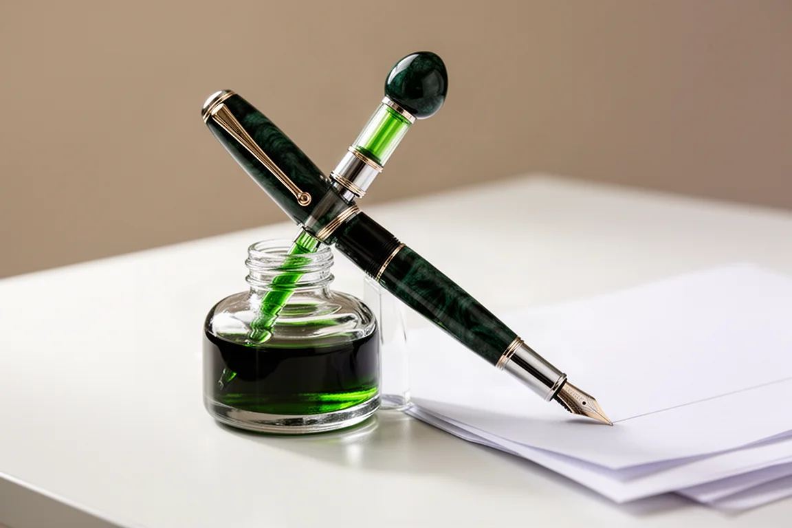 Cuerpo y émbolo de la pluma sumergidos en un frasco de tinta verde