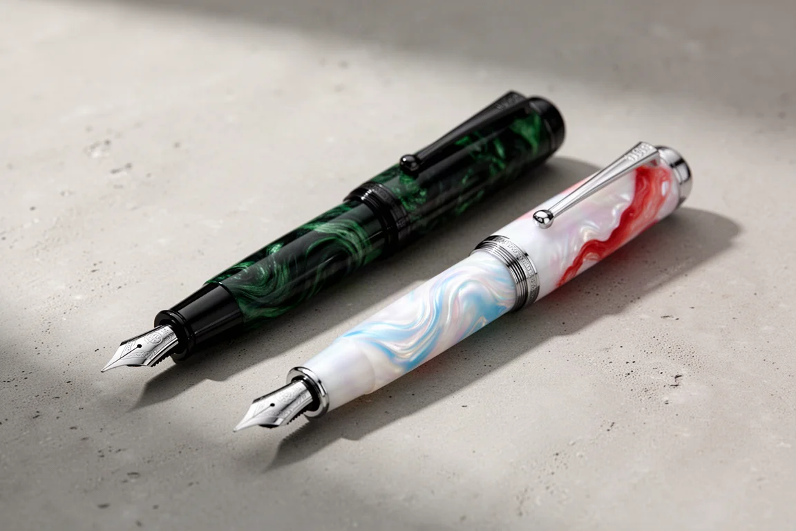 Due penne stilografiche di lusso con resina perlacea verde-nero e pastello su cemento