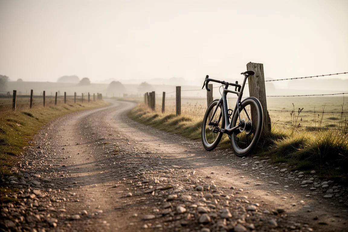 Ciclista gravel su pneumatici larghi che pedala su una strada sterrata veloce in una luce soffusa
