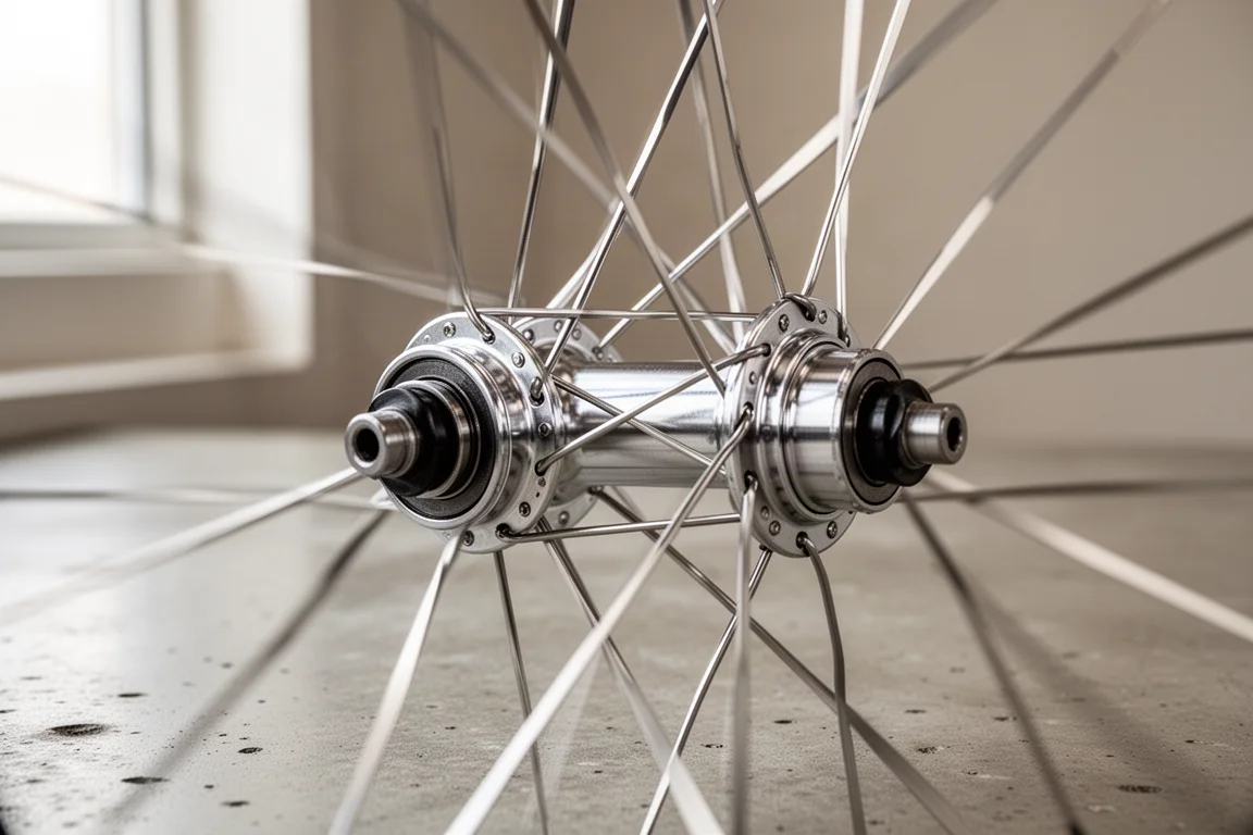 Mozzo di ruota per bici con raggi a lama su un banco da officina durante la manutenzione