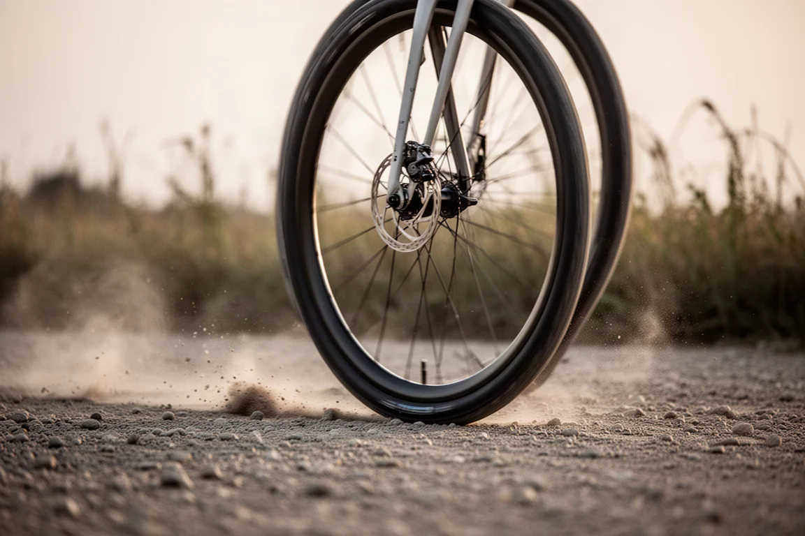 Bici gravel con pneumatici larghi appoggiata a una recinzione prima della partenza di una gara