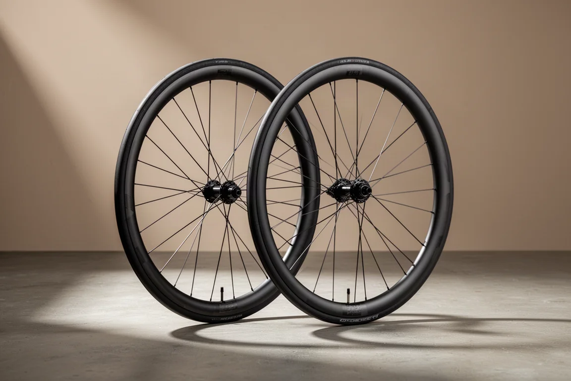 コンクリート上に並んで立つ、ブレードスポーク付きの深いリムのカーボン自転車ホイール