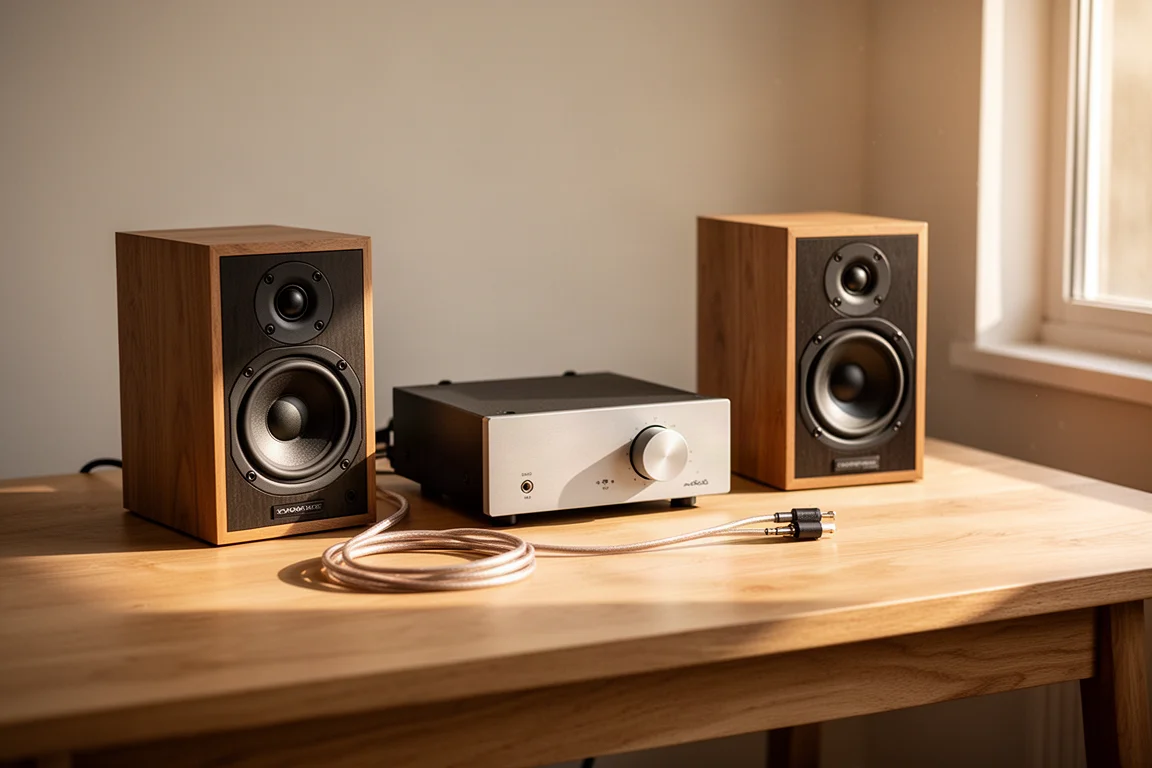 Compact hi-fi amplifier on a wooden desk between two small bookshelf speakers