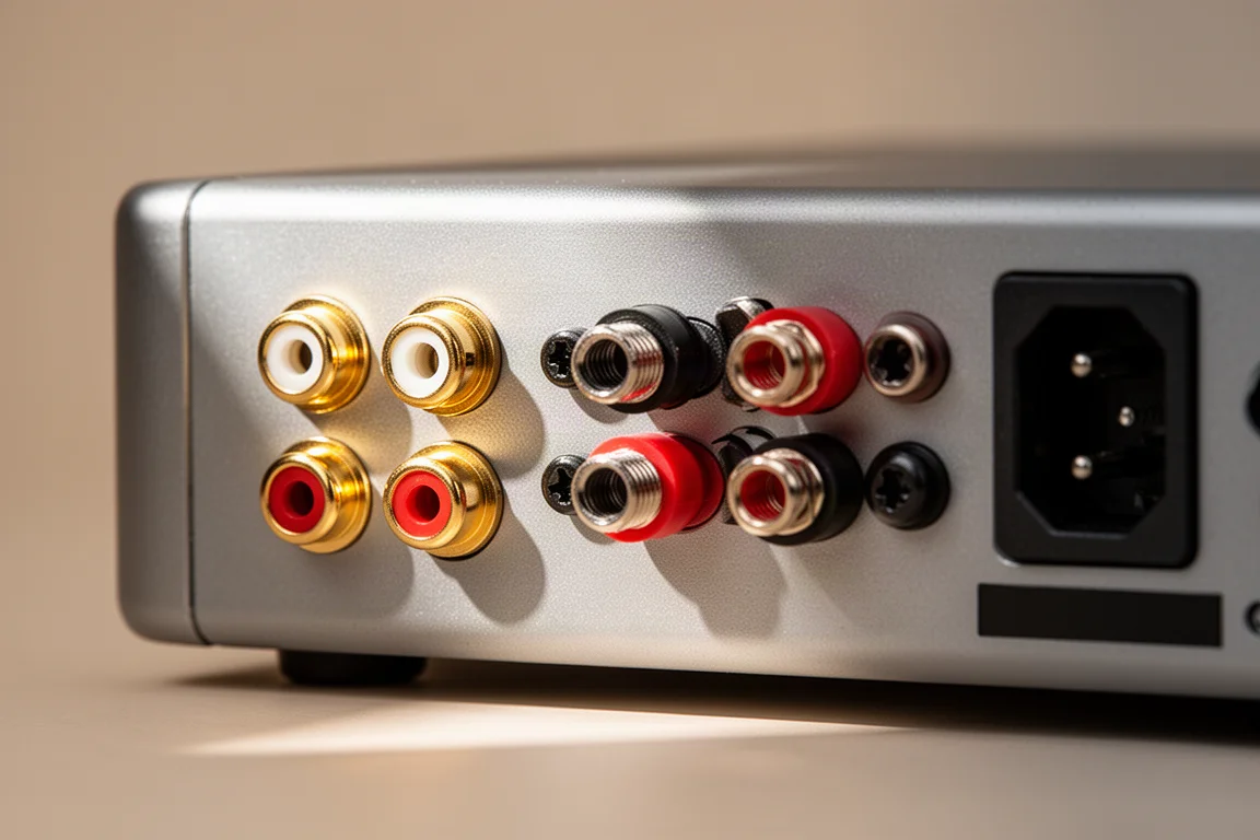 Rear panel of a compact amplifier showing RCA inputs and speaker binding posts