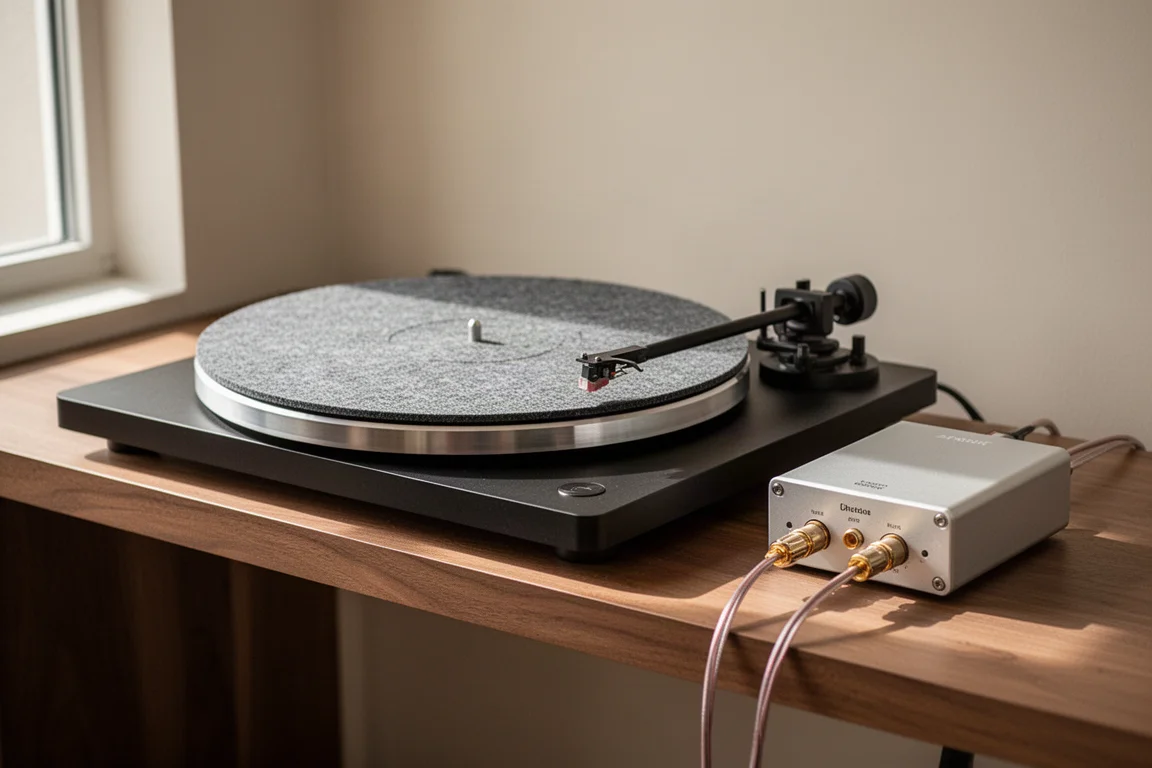 Turntable on a shelf beside a small separate phono preamplifier unit