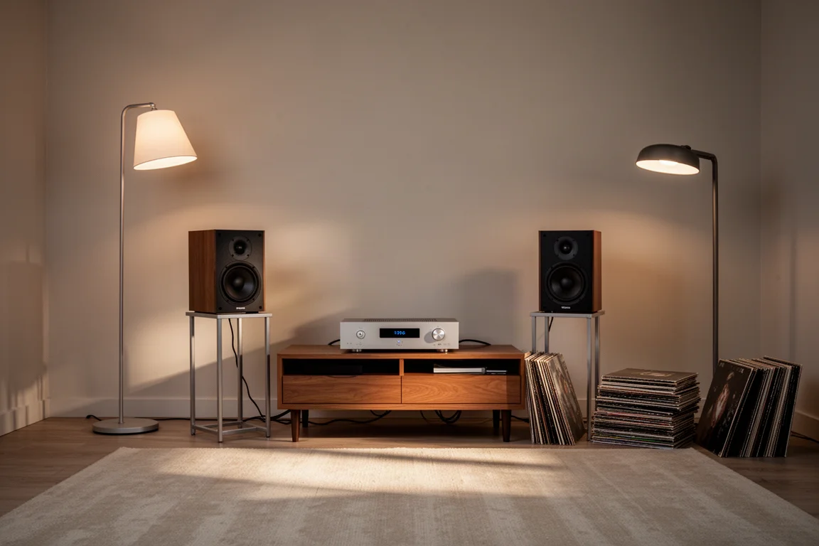 Evening listening room with bookshelf speakers on stands and a small amplifier