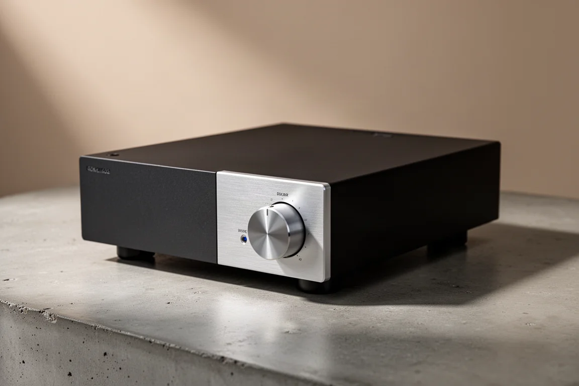 Compact brushed metal stereo integrated amplifier photographed on a concrete surface