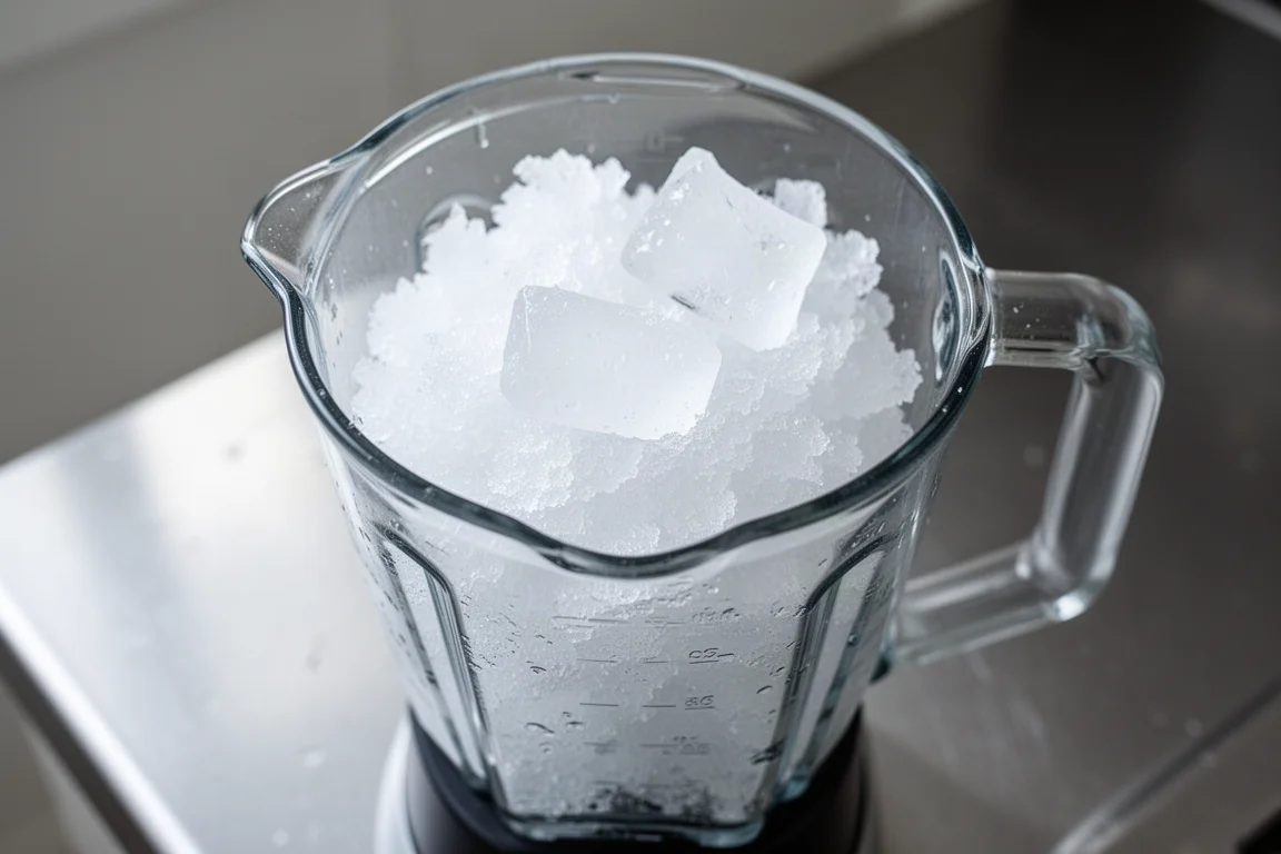 Blender jar filled with fluffy crushed ice next to a few remaining ice chunks