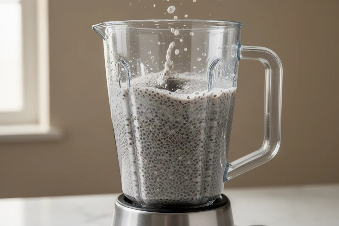 Chia seed and water mixture being blended into a thick slurry in a clear jar