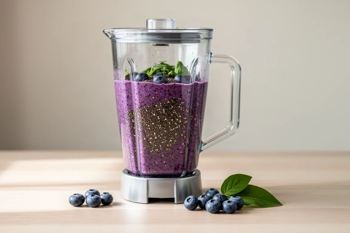 Jar of thick smoothie with blueberries, chia seeds and greens on a wooden counter
