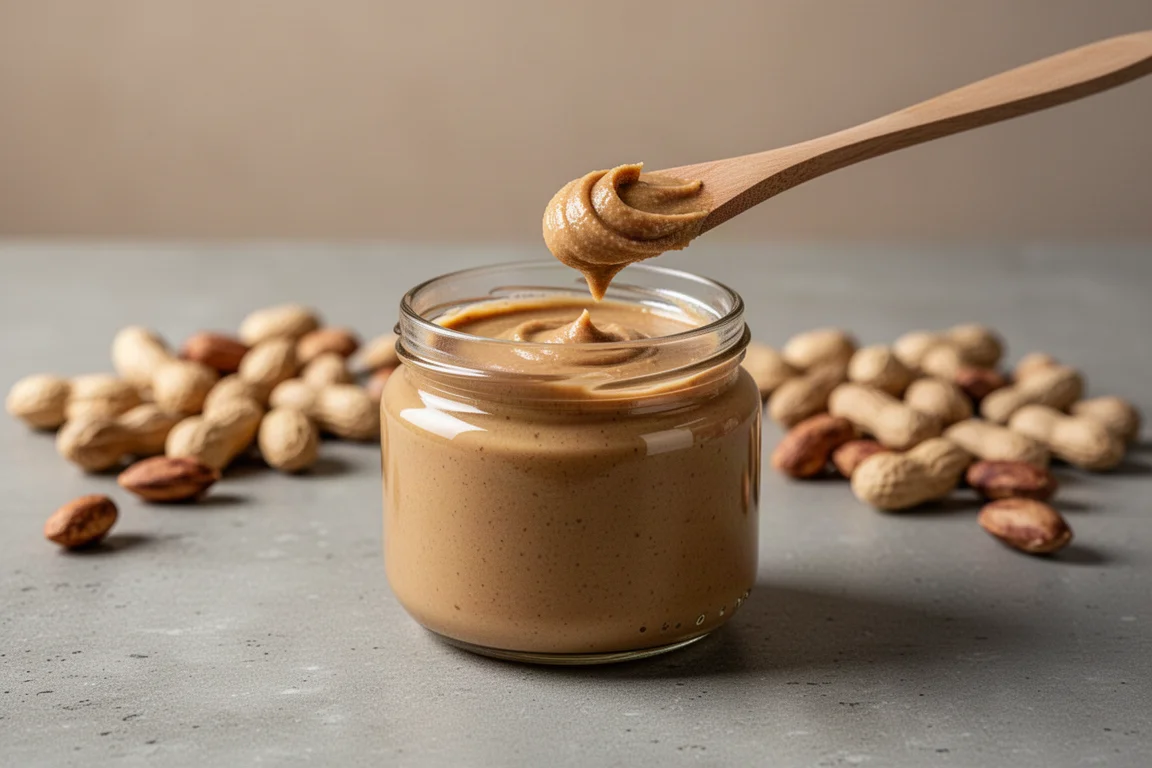 Glass jar of creamy homemade peanut butter with a wooden spreader on a counter