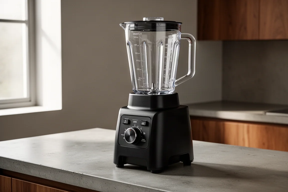 Vitamix 750 blender with low-profile jar on a concrete kitchen counter