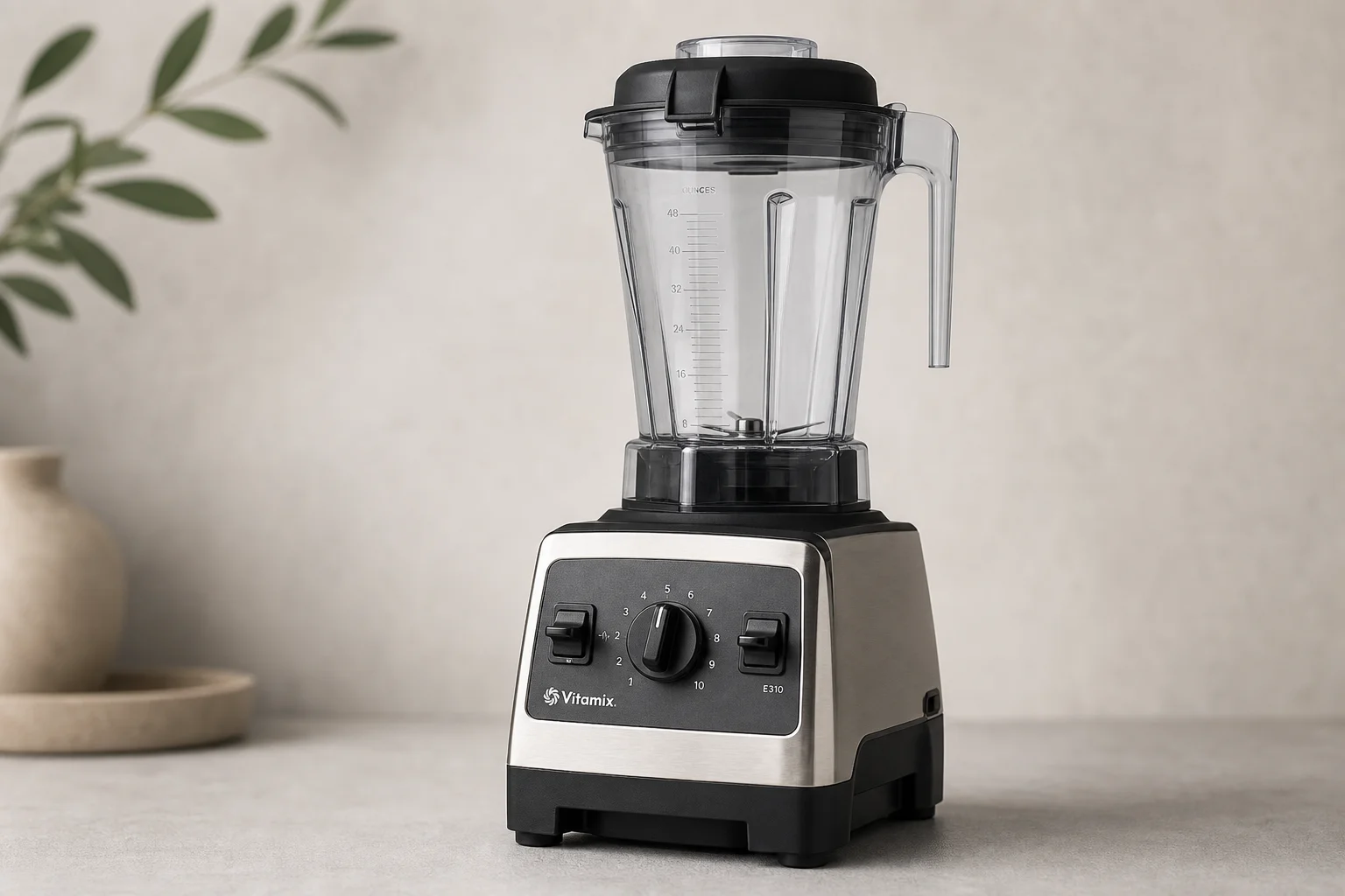 Five kitchen blenders arranged on concrete surface from compact to premium models