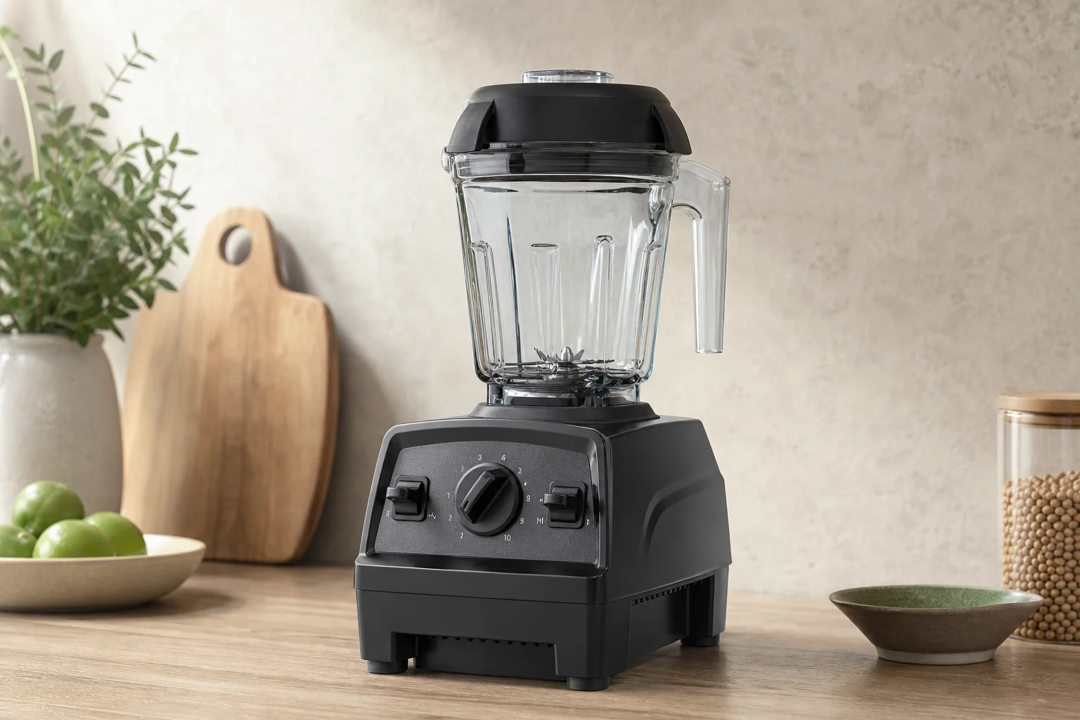 Vitamix Explorian E310, Ninja Professional Blender, and Beast Blender arranged on neutral backdrop