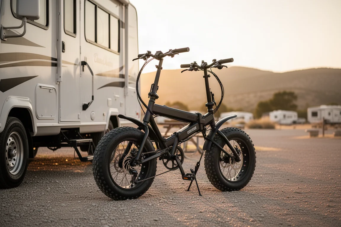 Faltbares Fat-Tire-E-Bike geparkt neben einem Wohnmobil auf einem Campingplatz in der goldenen Stunde