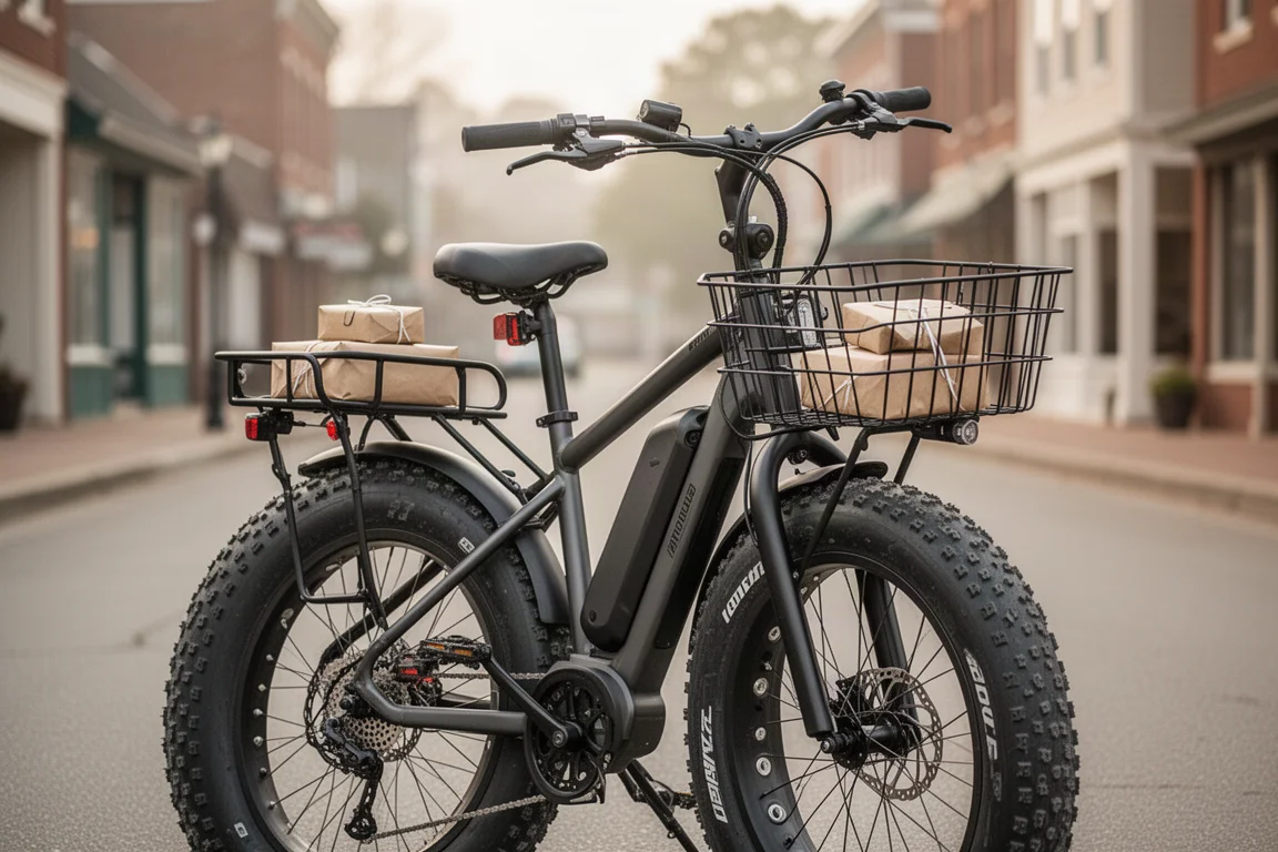 Hinterradkorb an einem E-Bike mit kleinen Paketen in einer Kleinstadt