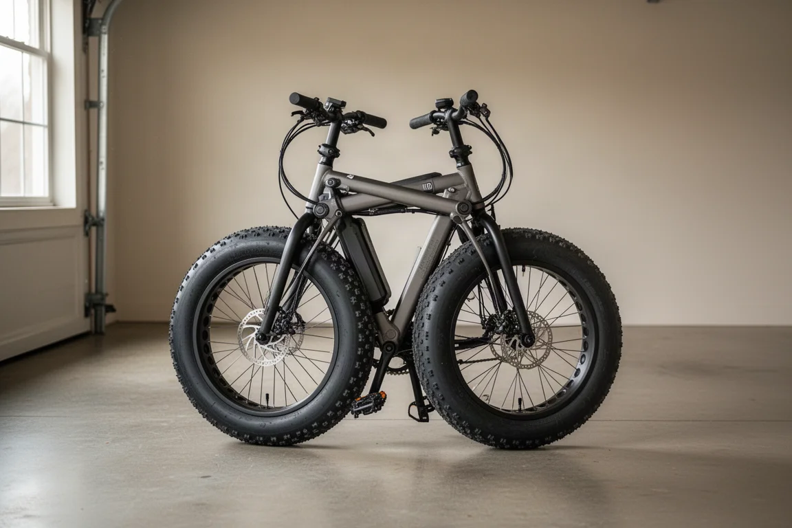 Gefaltetes Fat-Tire-E-Bike auf einem Betonboden stehend, kompakt und unhandlich