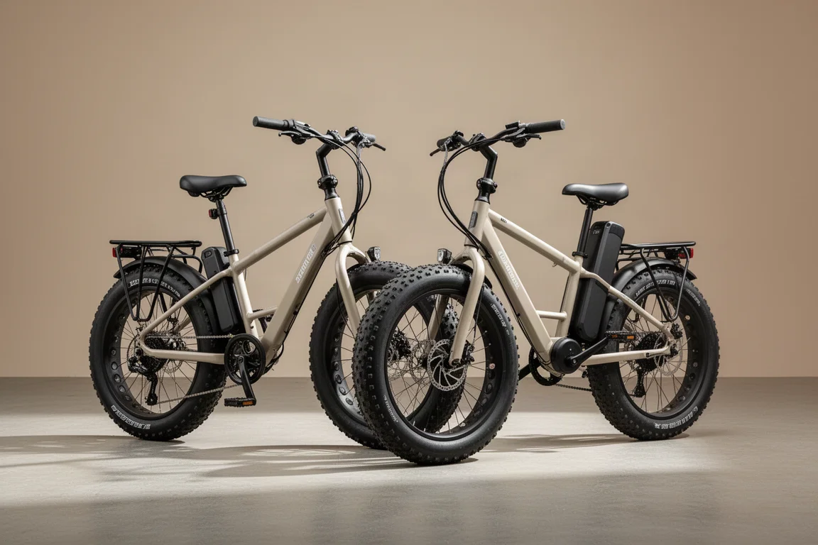 Two folding fat tire e-bikes side by side on a concrete surface